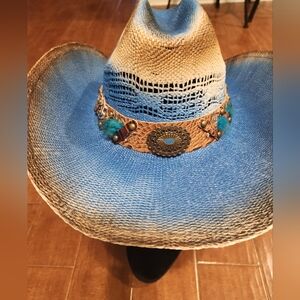 Blue and Tan Woven Cowboy Hat with Decorative Band